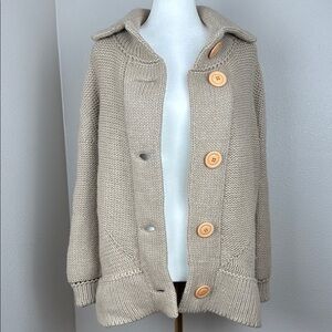 System Chunky Beige Oatmeal High-Neck Wool-Blend Button-Up Cardigan sz M